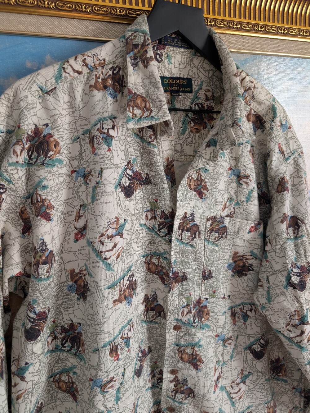 COLOURS by Alexander Julian Western Print Button-Up Shirt - Cream & Teal